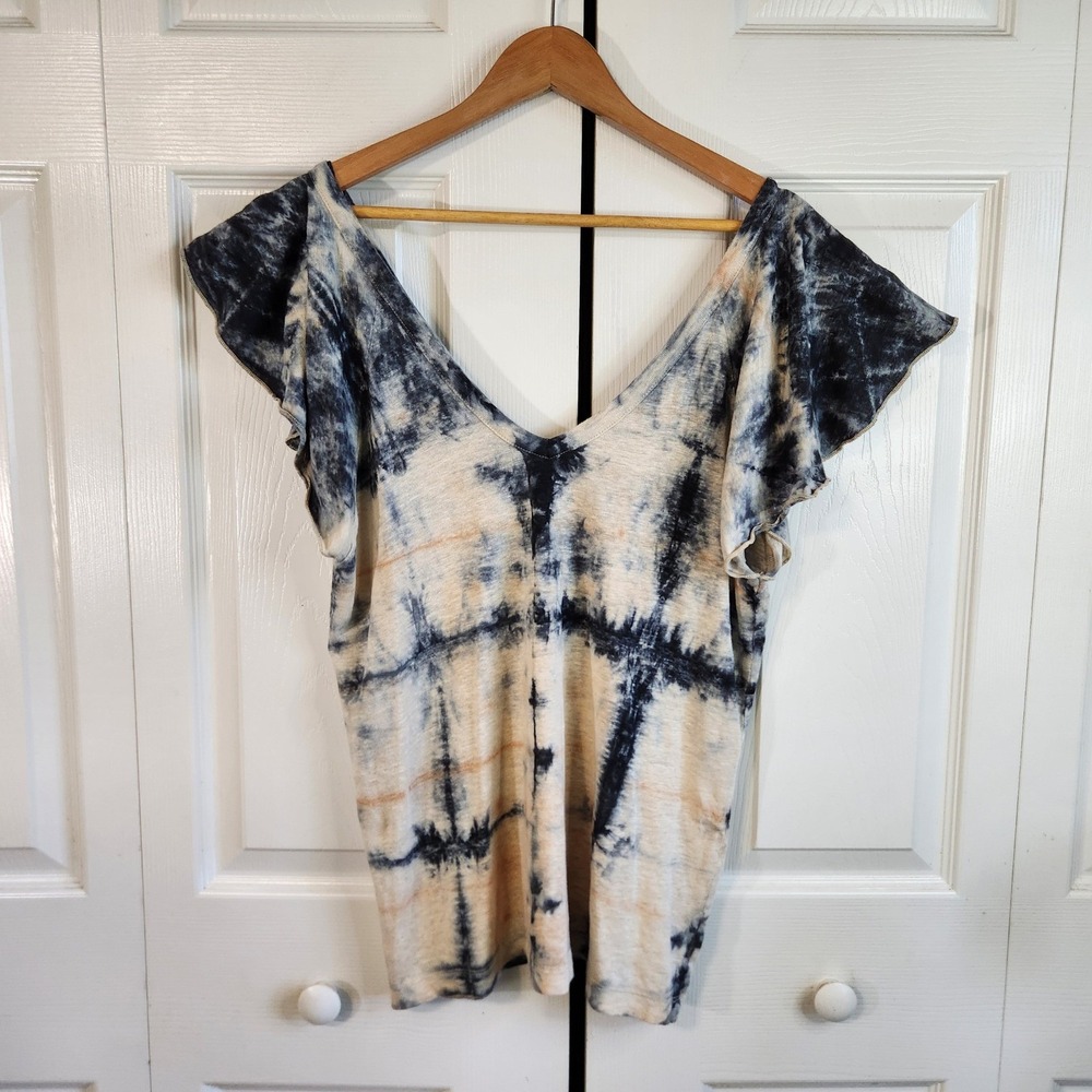 Chaser The Claredon Tie Dye Double V-Neck Flutter Sleeve Linen Top Stone Black L